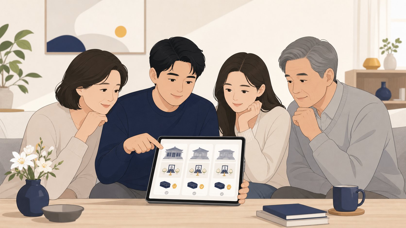 충청도 가족이 태블릿으로 안치와 화장이 가능한 장례식장 정보를 비교하는 모습