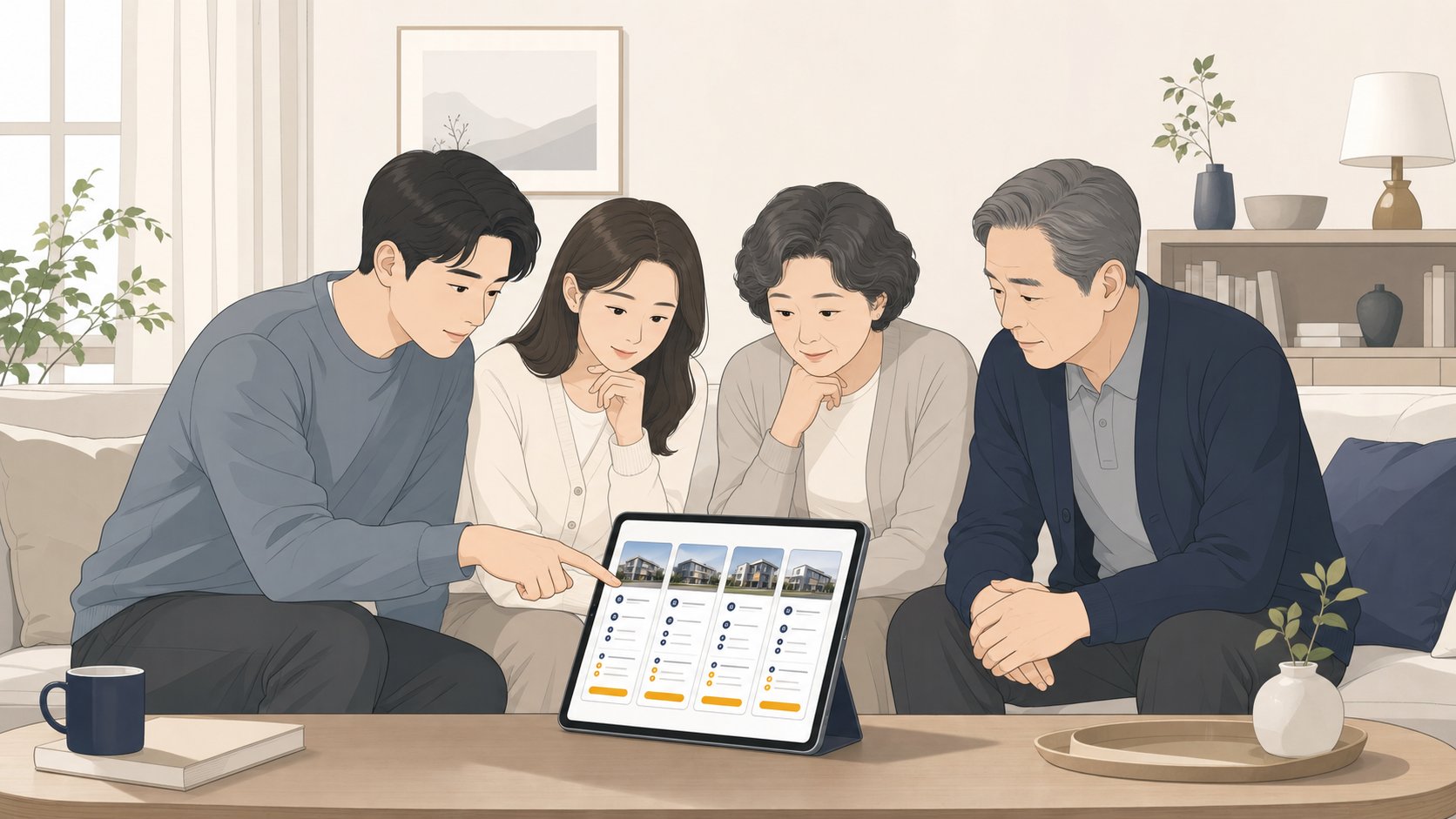 충청도 가족이 태블릿으로 여러 장례식장 정보를 카드 형태로 비교하는 모습