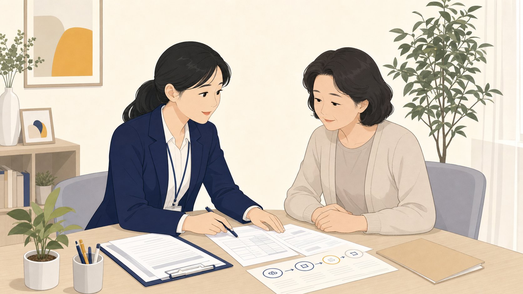 상담사가 가족에게 환급 신청 서류와 절차를 안내하는 상담실 모습