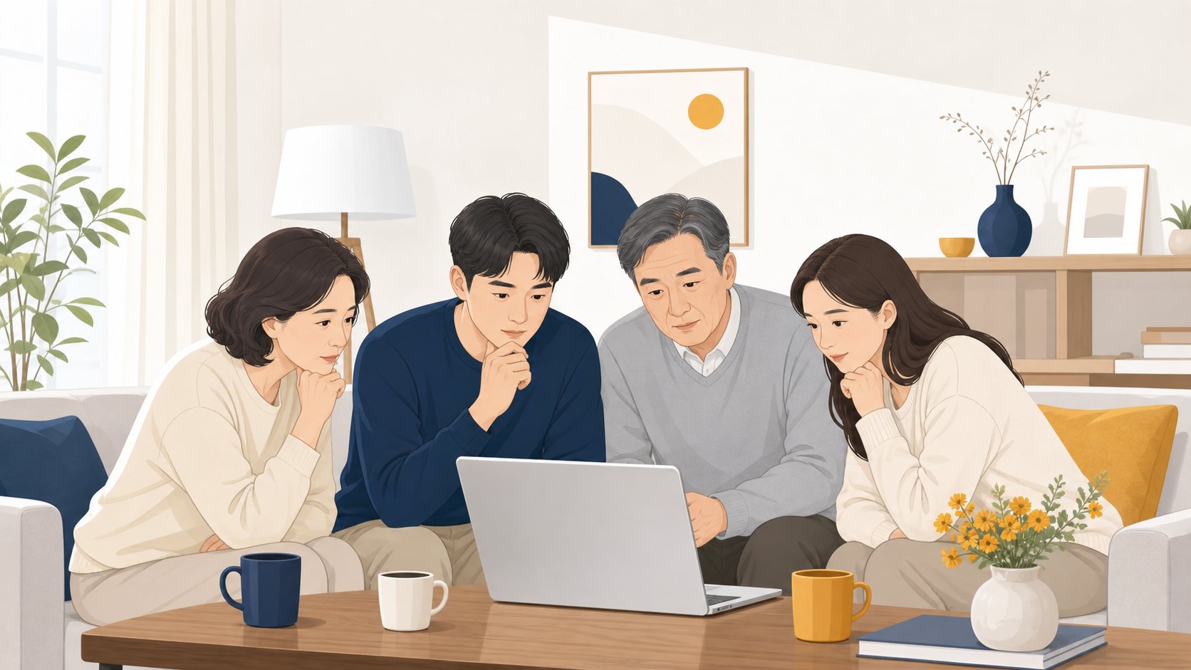 충청도 가족이 노트북으로 장례식장 비용 정보를 카드로 비교하는 모습