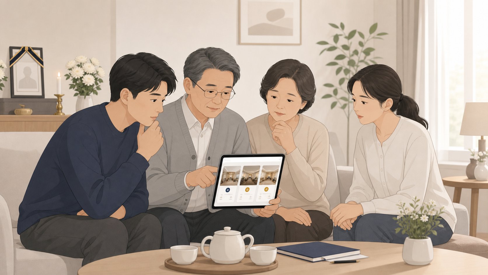 충청도 가족이 태블릿으로 장례식장 정보를 비교하며 준비를 상의하는 모습