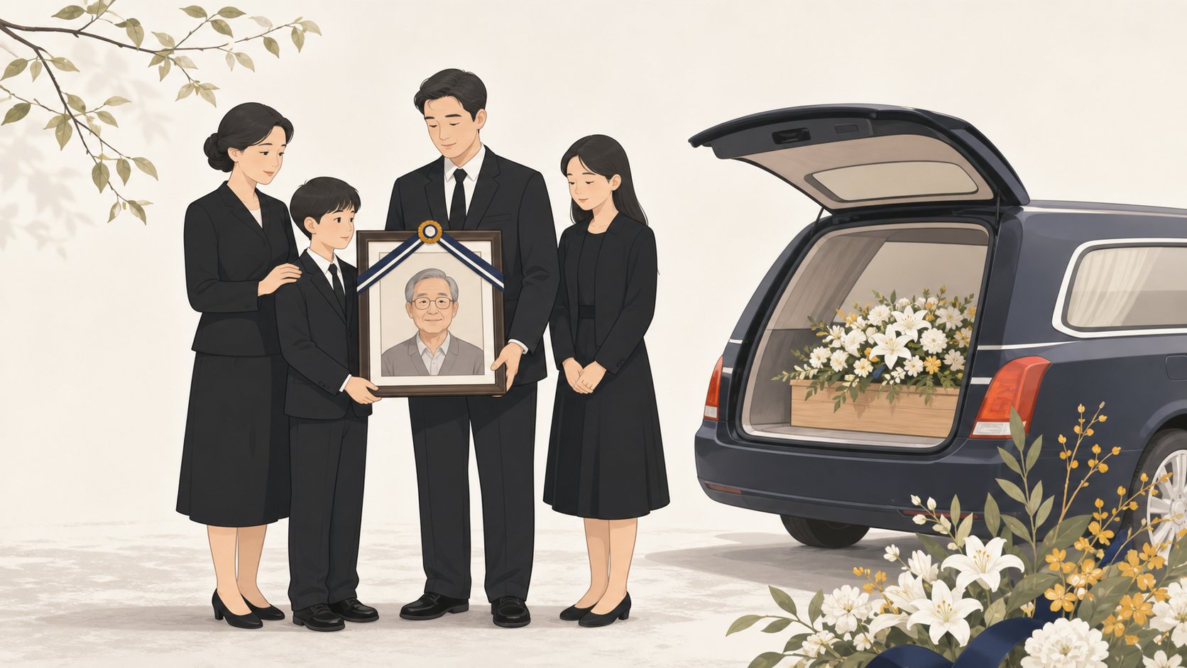 운구차 앞에서 영정을 든 가족이 화장장으로 출발하기 전 차분히 모여 있는 모습