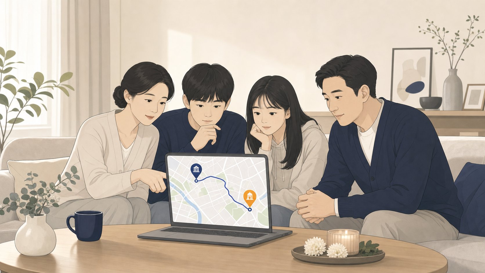 충청도 가족이 노트북으로 장례식장과 화장장 위치를 비교하며 발인 동선을 살펴보는 모습
