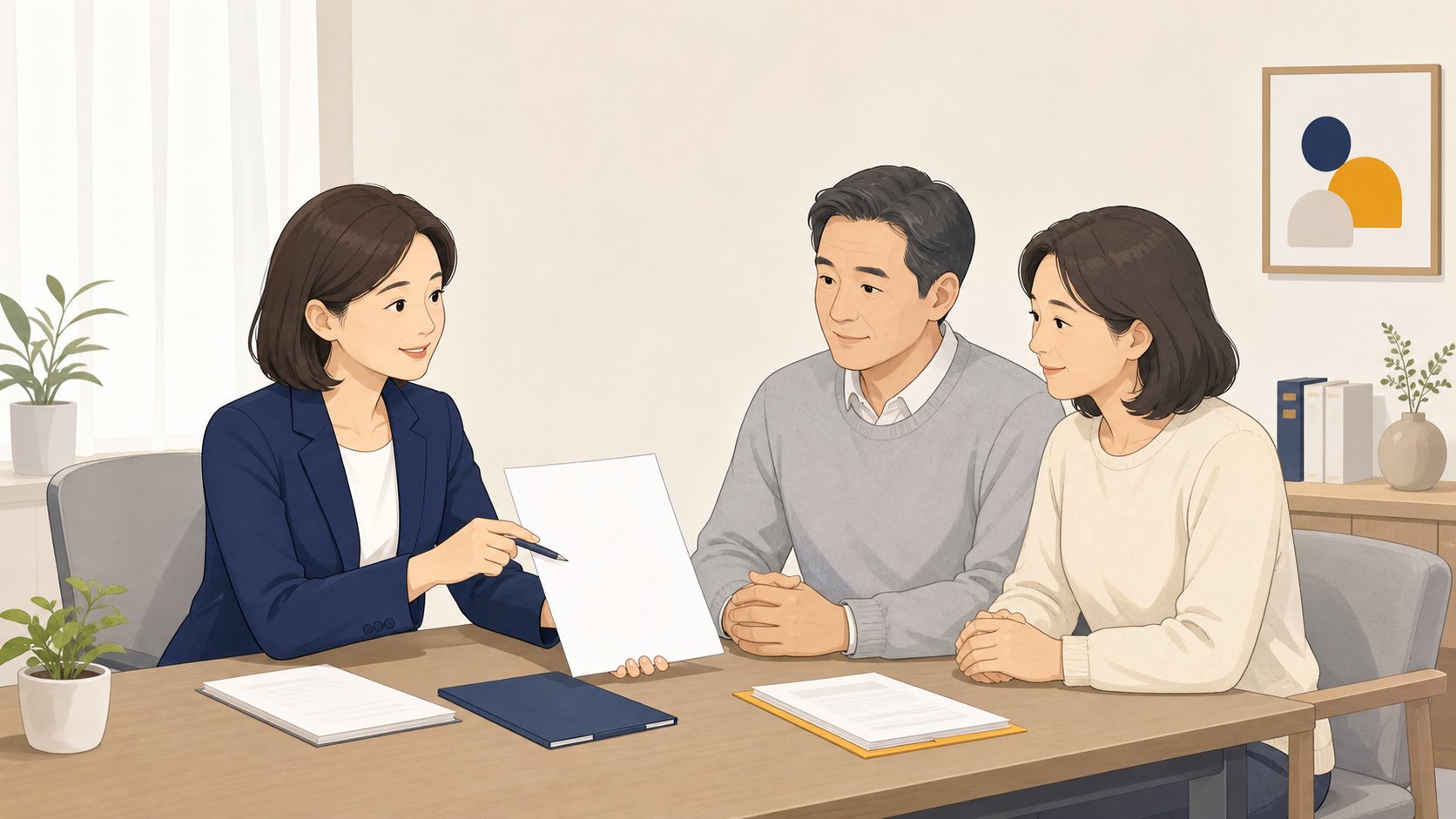 상담사가 가족에게 환불과 위약금 규정을 서류로 짚으며 설명하는 상담실 모습