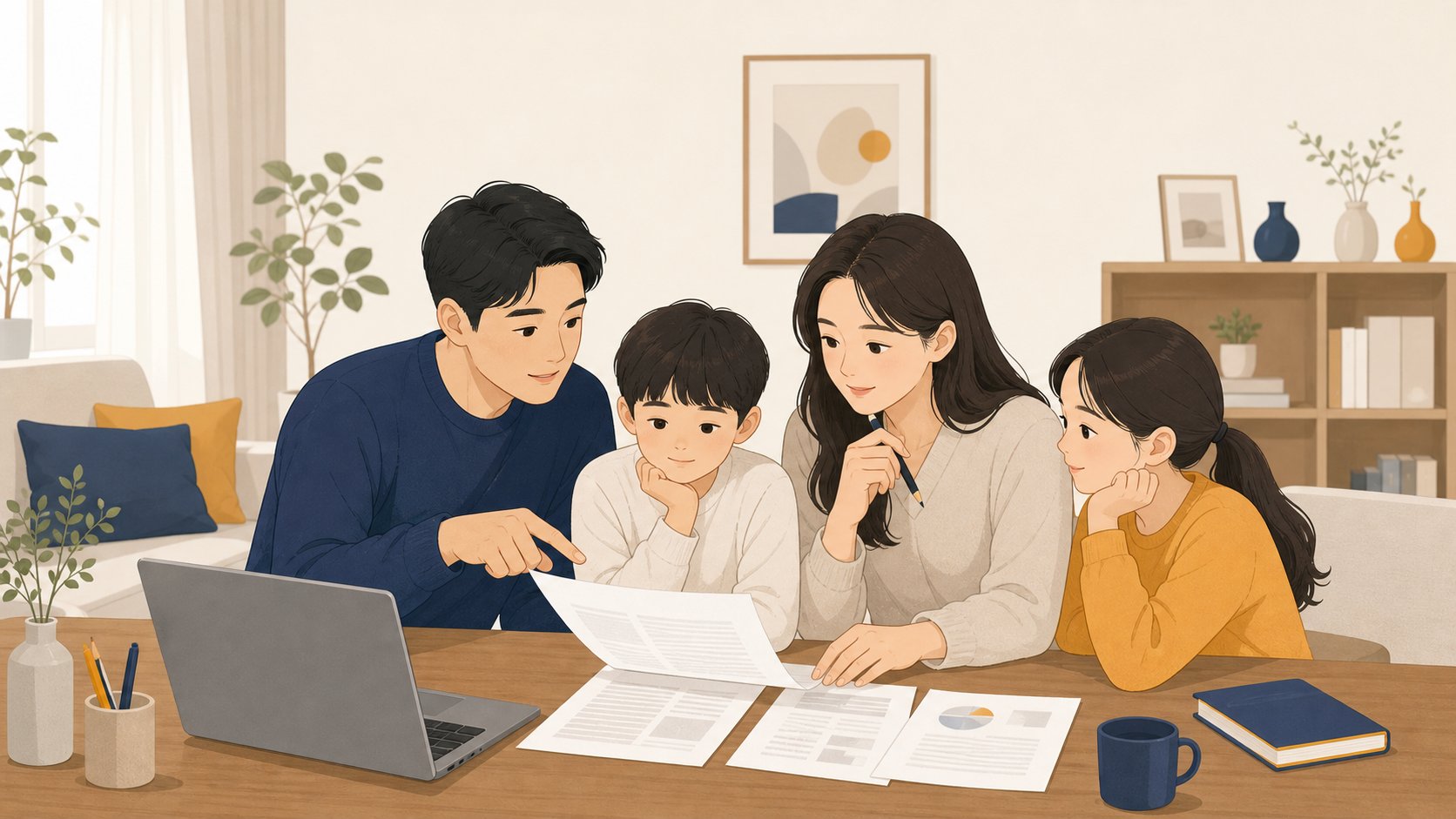가족이 거실에서 노트북과 서류를 놓고 계약 조건을 함께 점검하며 이야기 나누는 모습