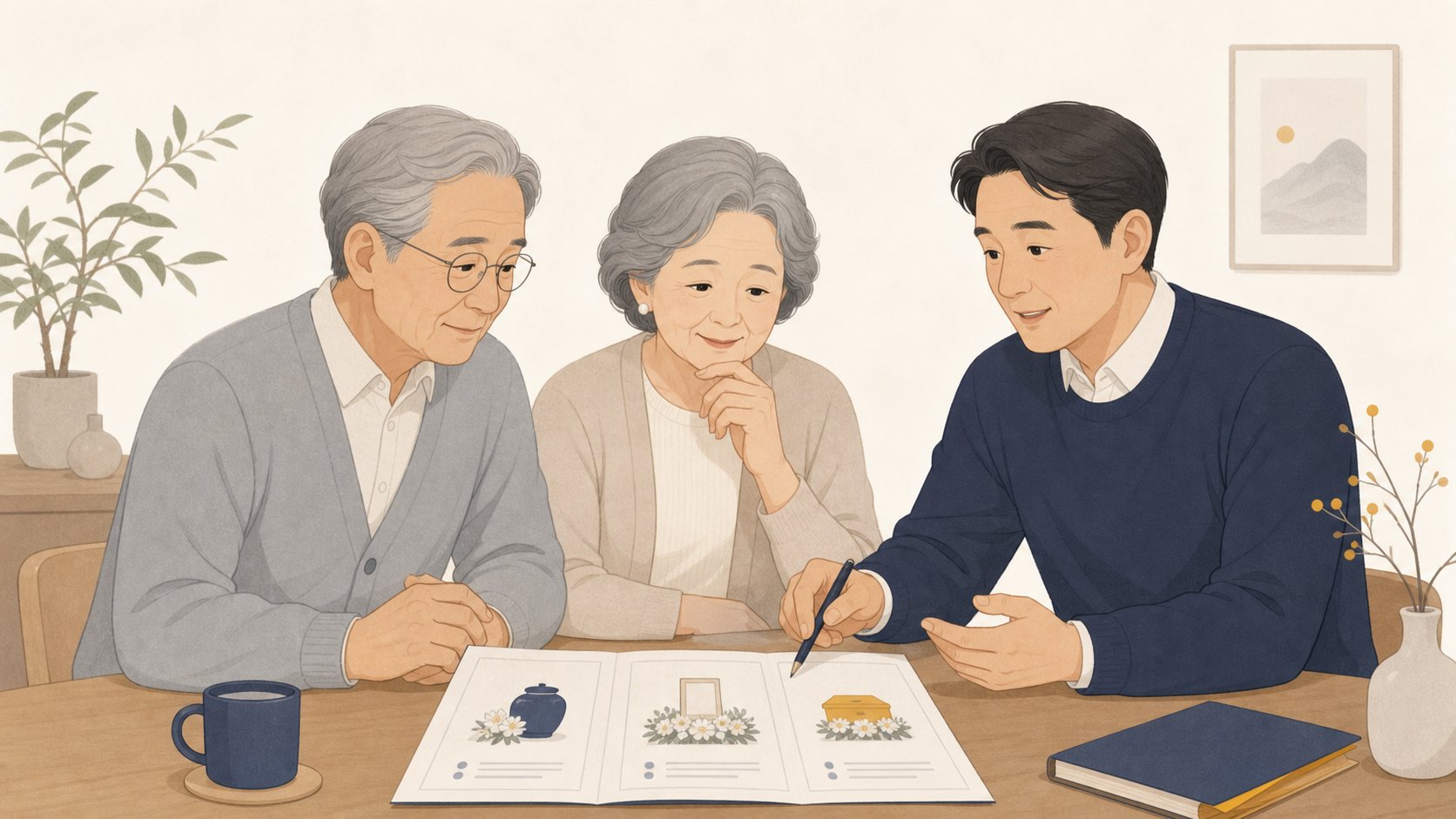 노년 부모와 중년 자녀가 함께 앉아 어떤 방식이 맞을지 차분히 의논하는 모습