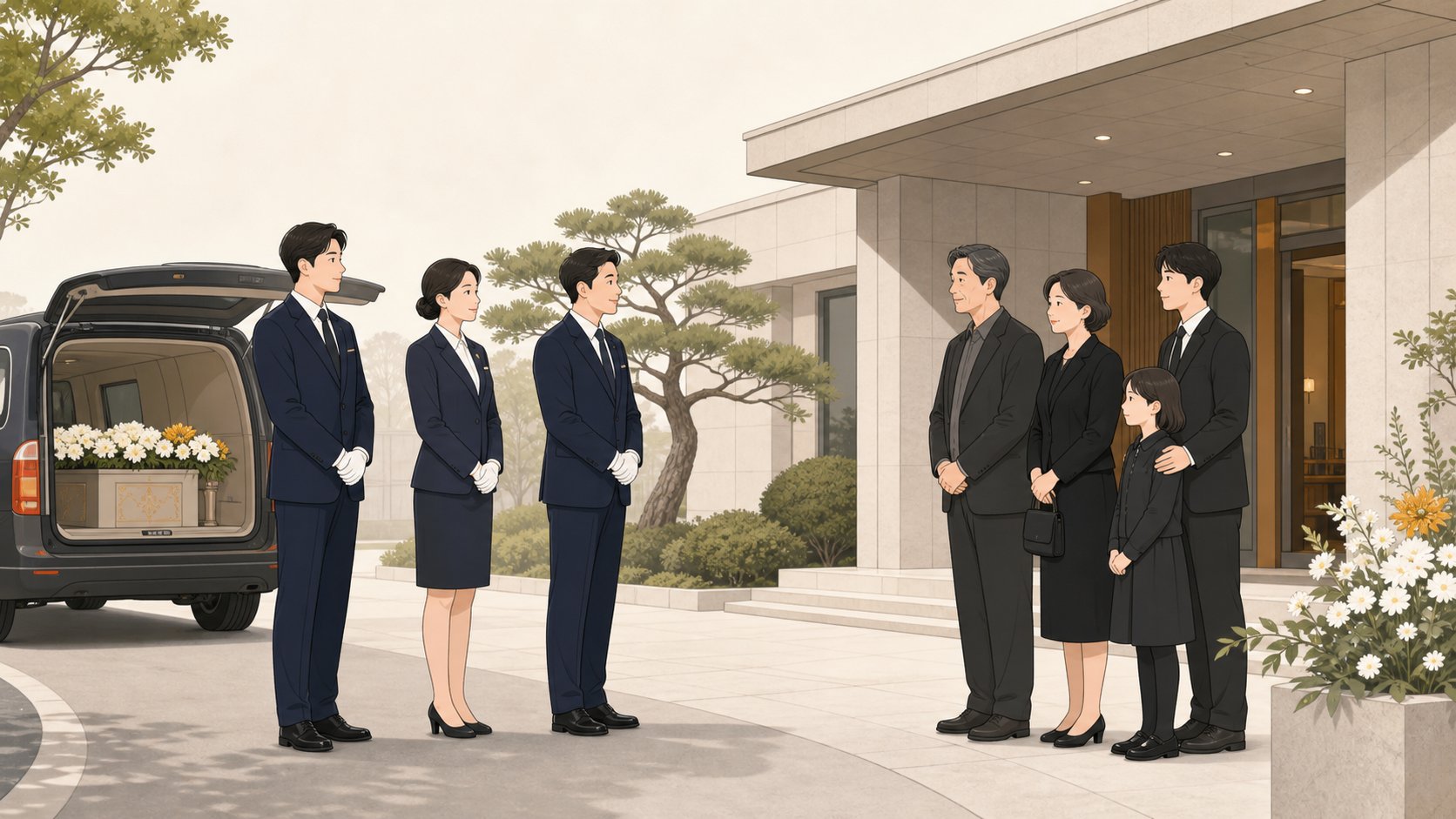 단정한 의전팀이 충청도 장례식장 앞에 제때 도착해 가족을 맞이하는 모습