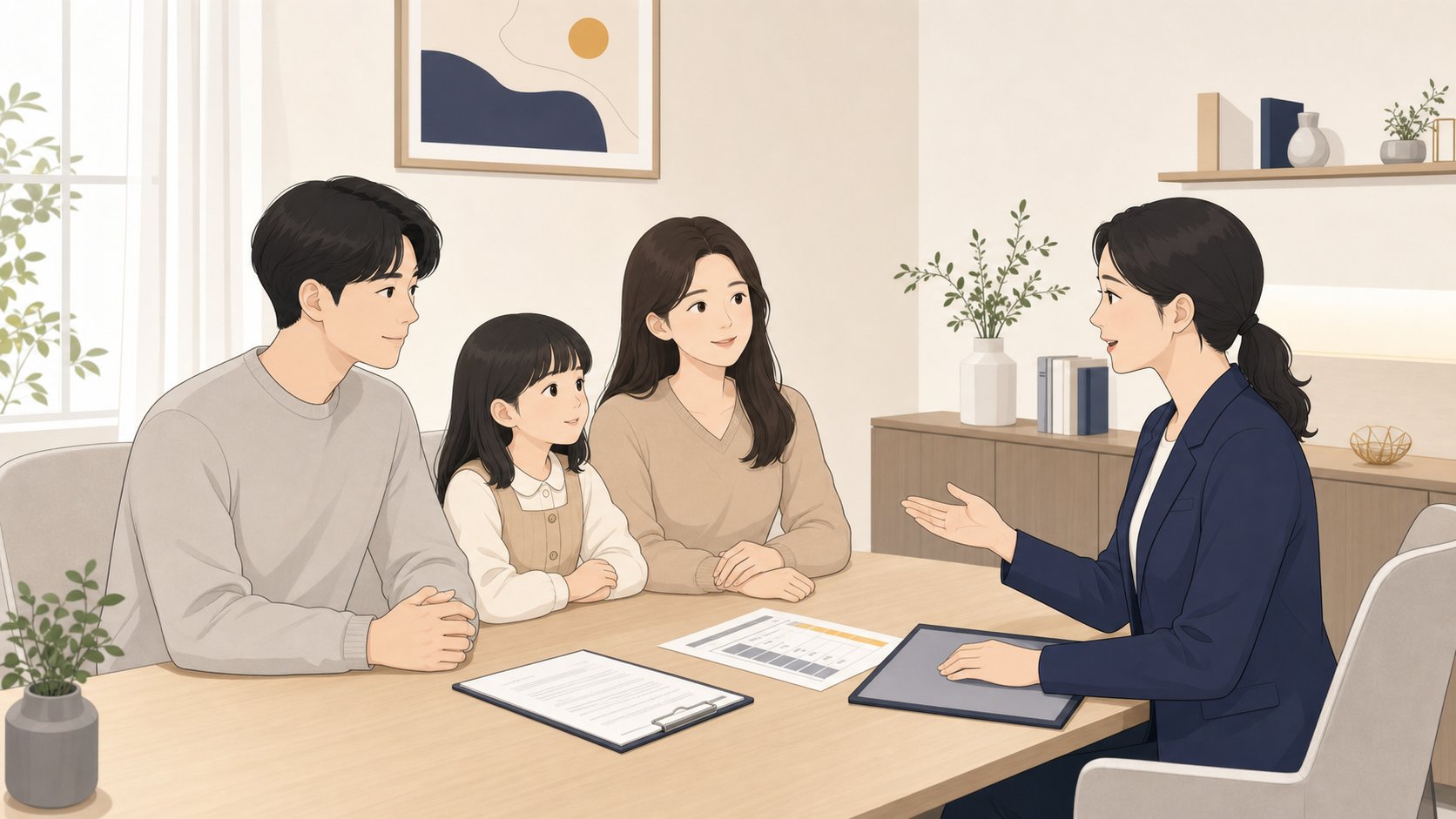 가족이 상담사의 설명을 들으며 약정서와 항목별 단가표를 차분히 검토하는 모습