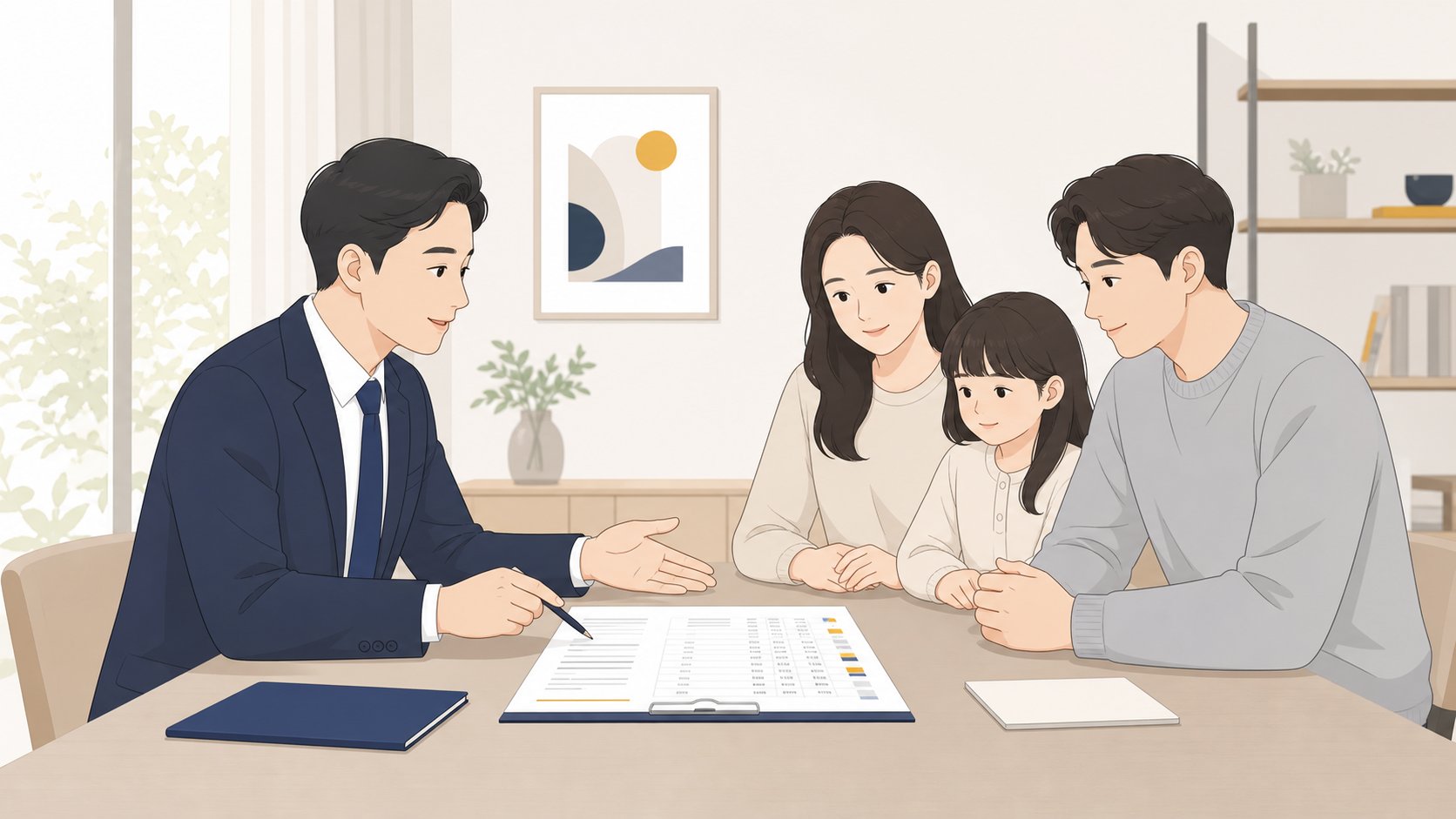 상담사와 가족이 정산서를 사이에 두고 항목을 차분히 설명하고 확인하는 모습