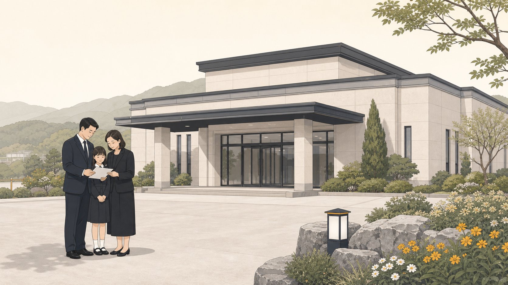 충청도 한적한 장례식장 외관과 그 앞에서 차분히 일정을 확인하는 가족의 모습