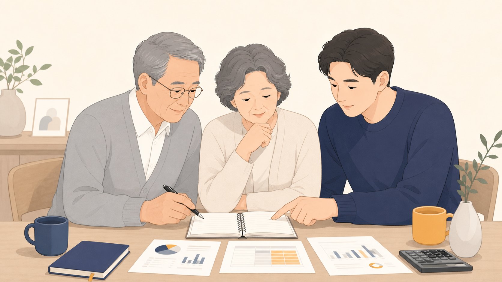 노년 부모와 자녀가 함께 전체 장례 예산을 차분히 정리하며 이야기 나누는 모습