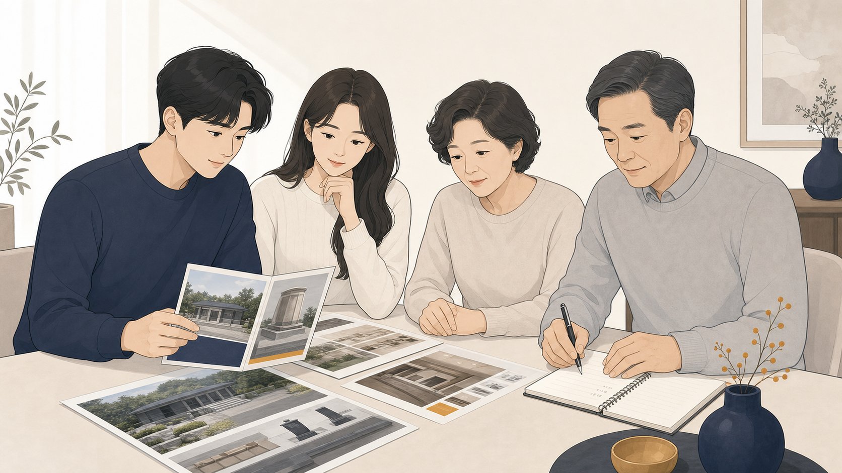 가족이 봉안당과 장지 비용 안내지를 펼쳐 별도 예산을 따로 적어보는 모습