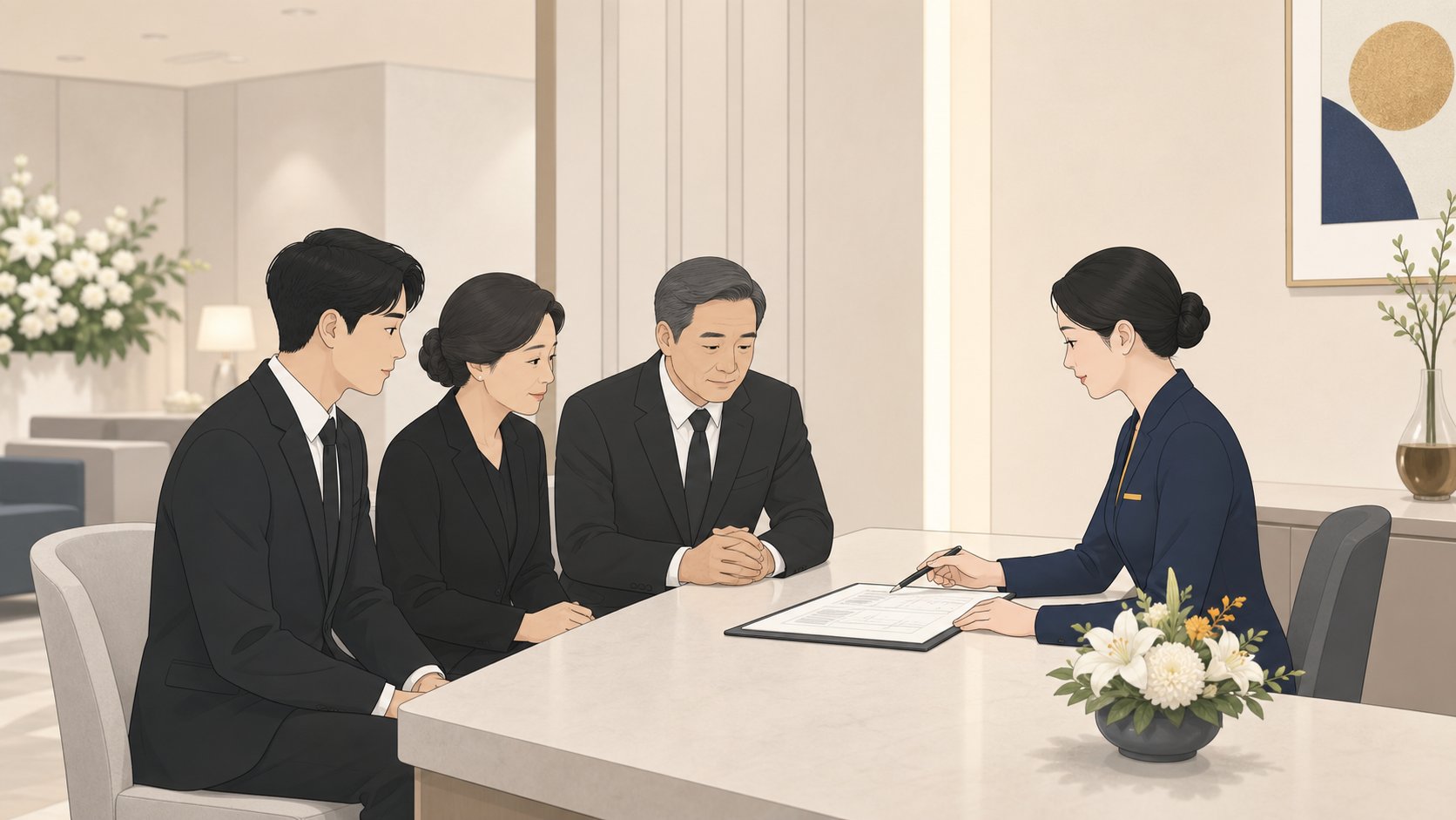 가족이 장례식장 안내데스크에서 직원과 빈소 예약 일정을 차분히 확정하는 모습
