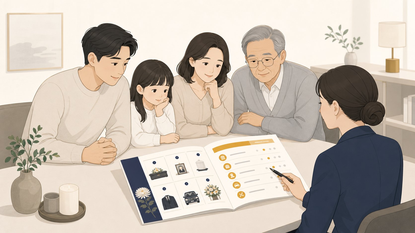 가족이 후불 의전 포함 항목과 추가 비용 기준을 안내지로 비교하며 확인하는 모습
