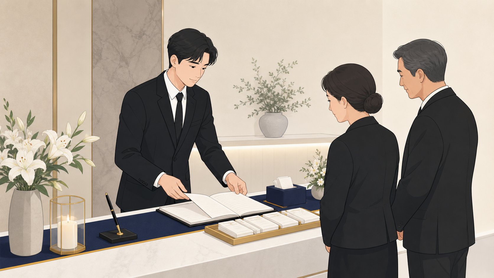 사위가 빈소 안내데스크에서 방명록과 접객을 돕는 일러스트