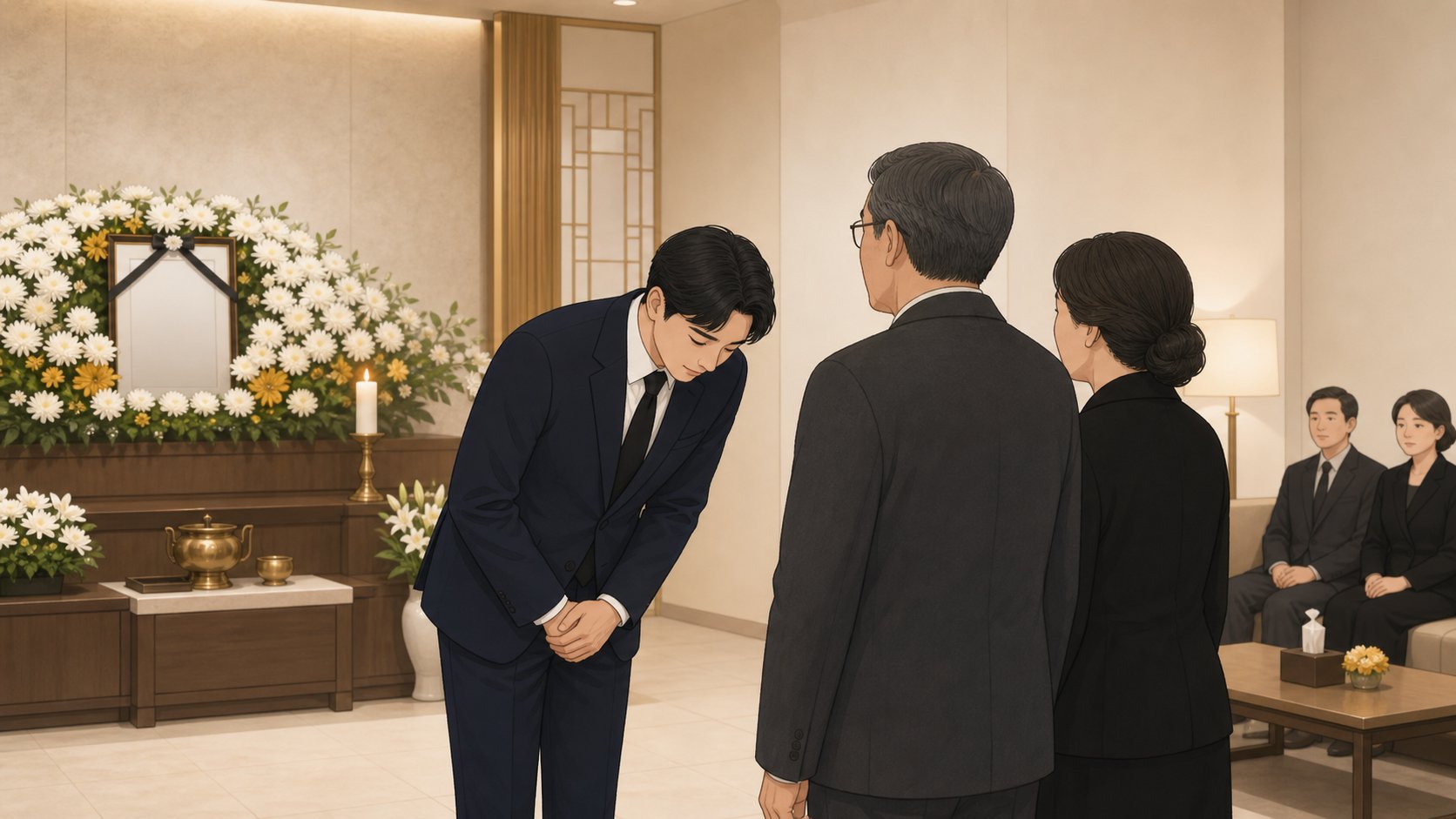 사위가 단정한 차림으로 조문객에게 목례하는 일러스트