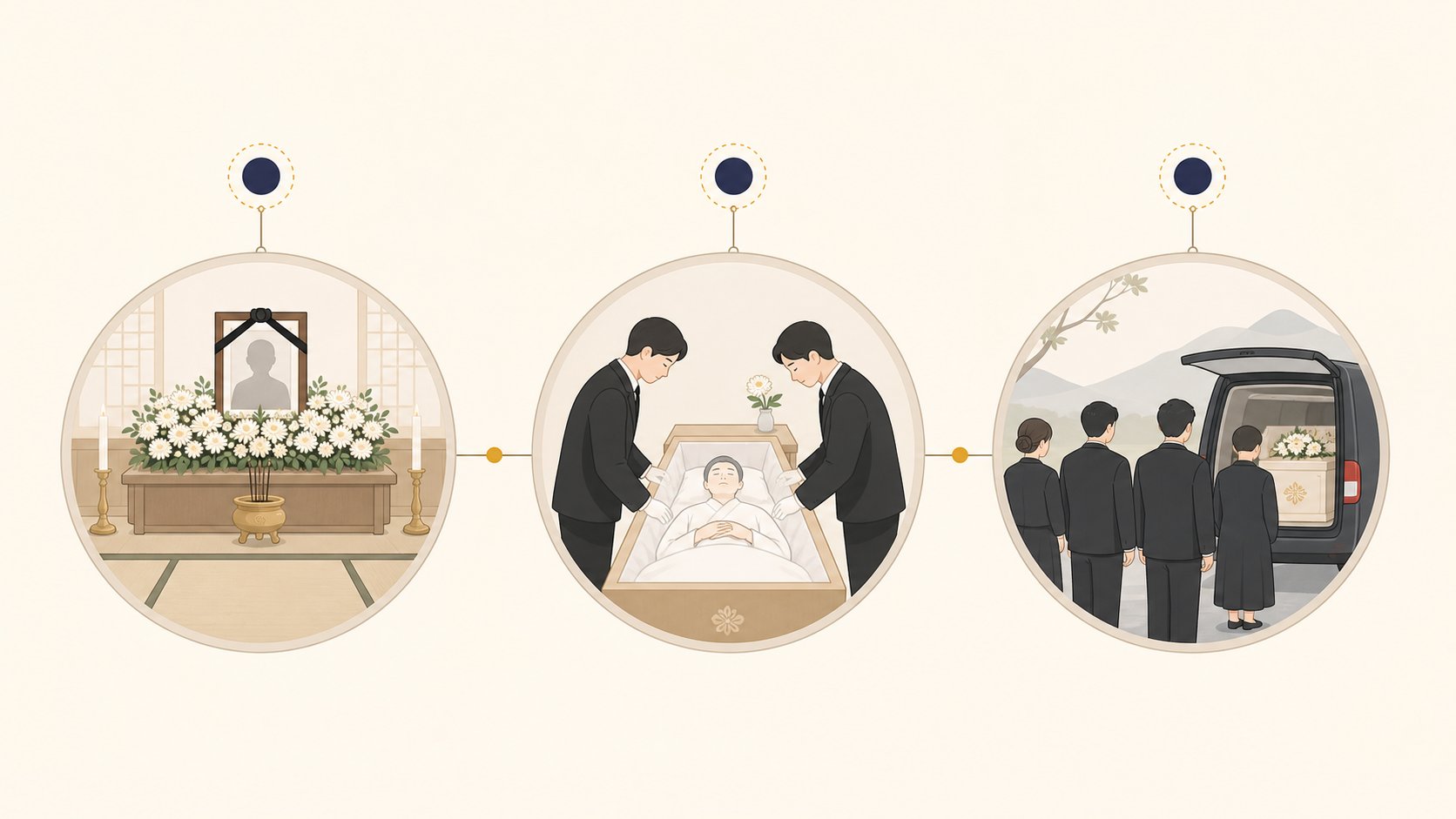 3일장의 첫째 둘째 셋째 날 흐름을 보여주는 타임라인 도식
