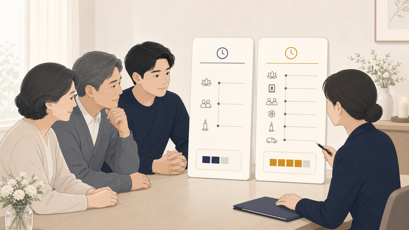 짧은 일정과 긴 일정의 비용 차이를 비교한 카드 일러스트