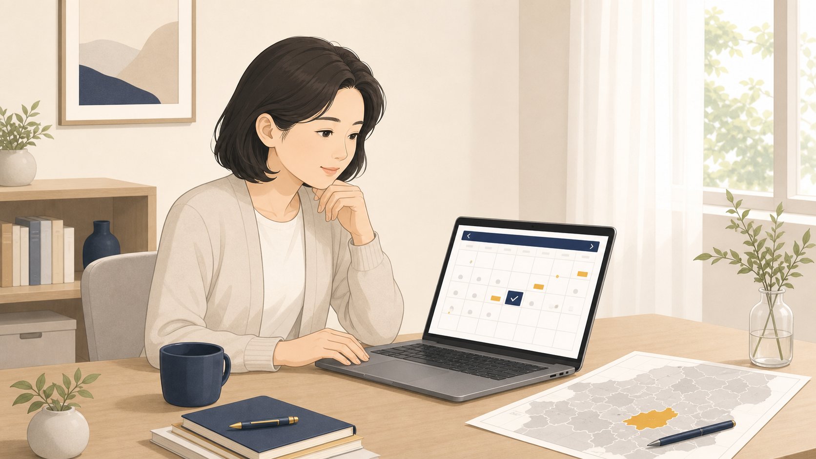 가족이 노트북으로 화장장 예약 일정을 확인하는 일러스트