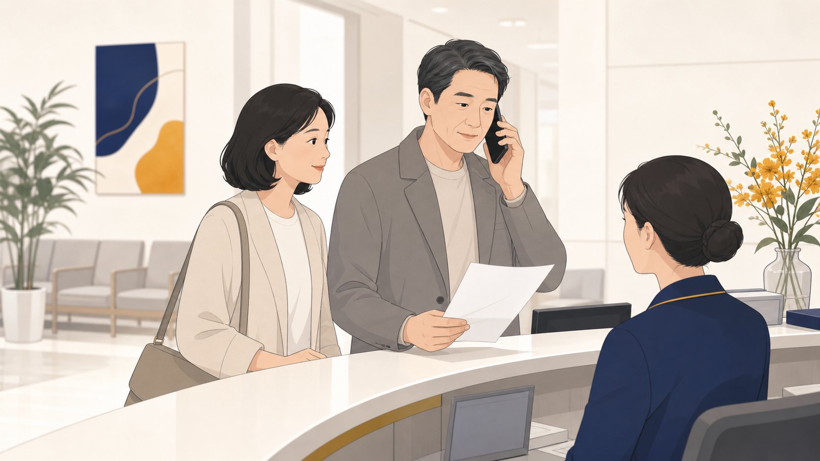 임종 직후 가족이 서류를 들고 차분히 통화하며 절차를 진행하는 일러스트