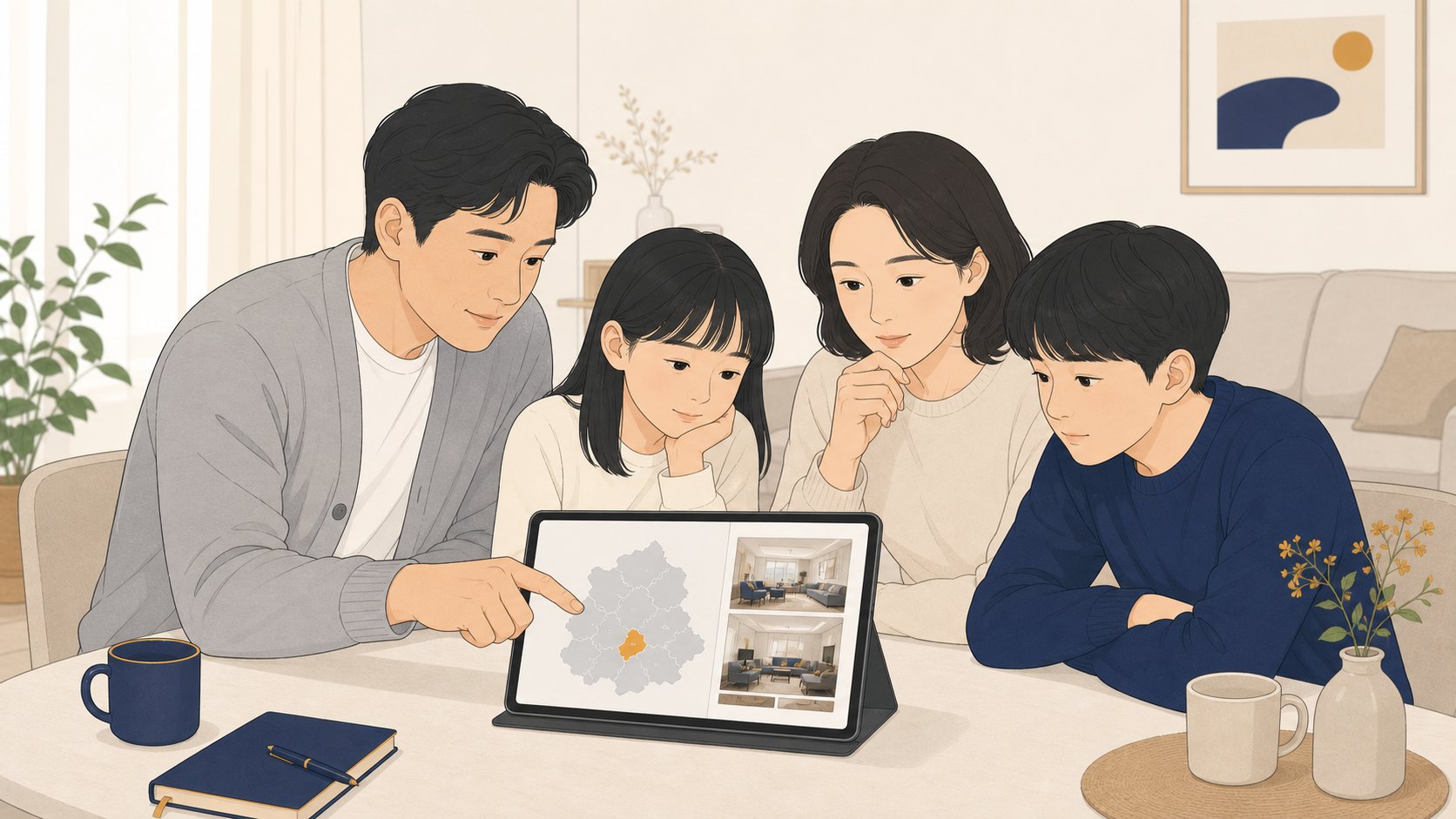 가족이 태블릿으로 작은 빈소 후보를 비교하는 일러스트
