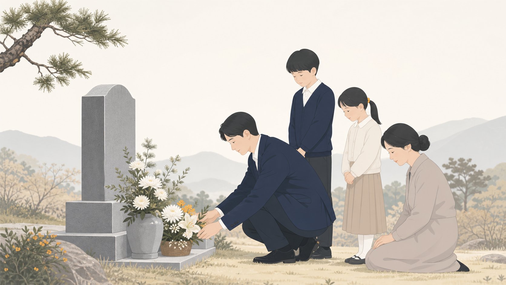 발인 후 가족이 처음으로 고인을 모신 곳을 찾아 헌화하고 인사하는 일러스트