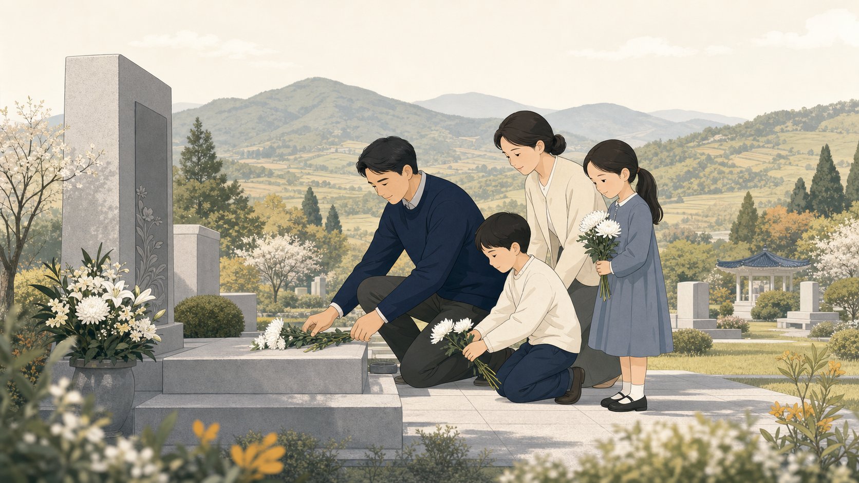 충청도 추모공원을 가족이 조용히 찾아 헌화하는 일러스트