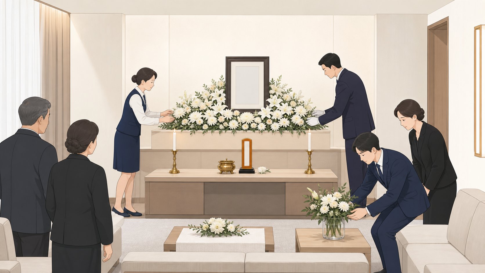첫째 날 장례식장에서 빈소를 차리고 제단을 준비하는 일러스트