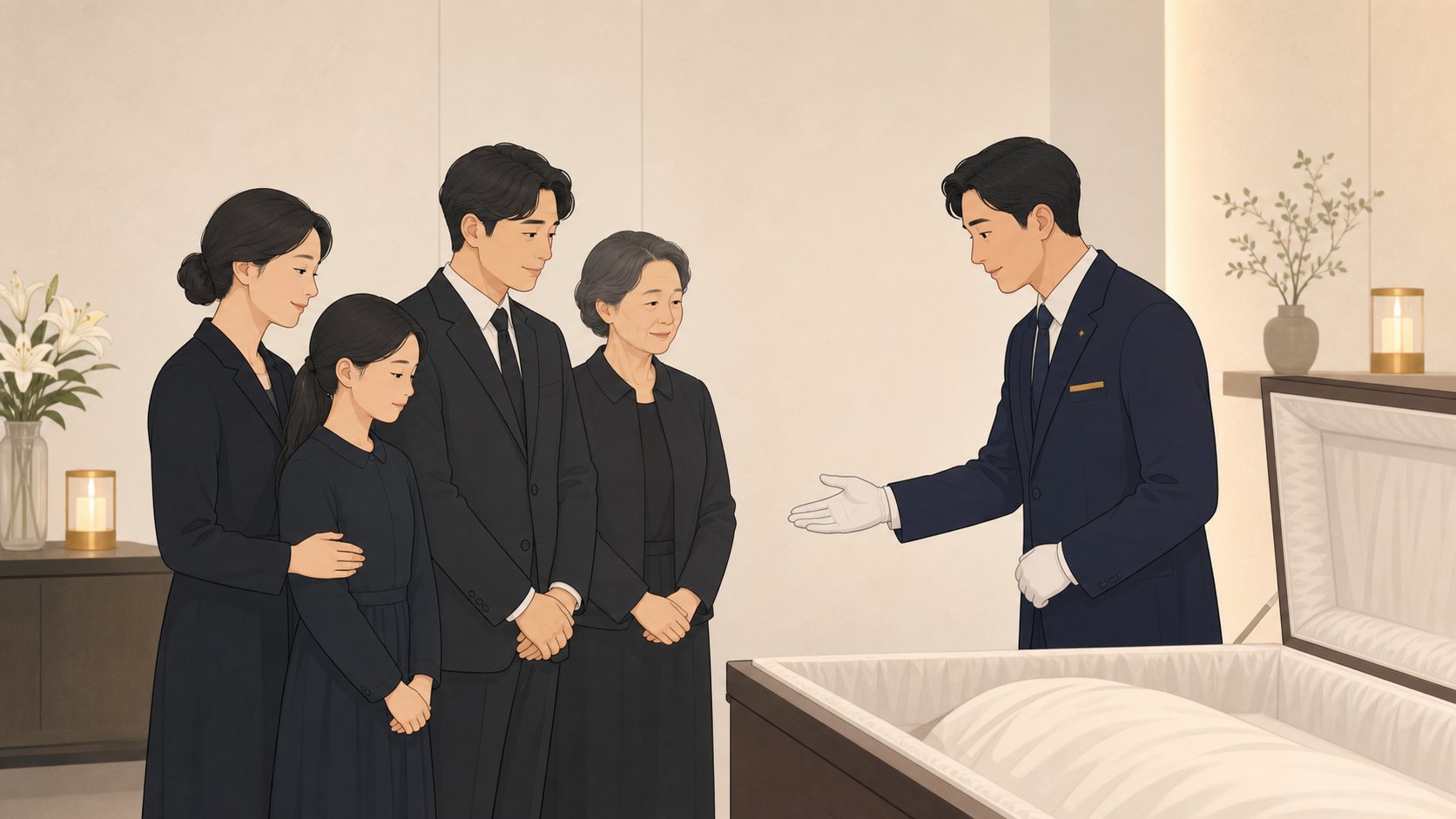 입관실에서 장례지도사의 안내로 가족이 고인과 마지막 인사를 나누는 일러스트