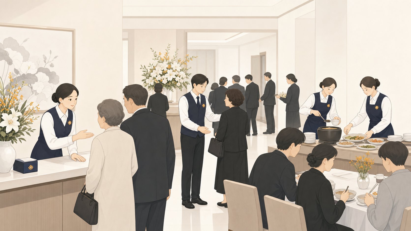여러 날에 걸쳐 많은 조문객을 맞이하며 접객을 운영하는 일러스트