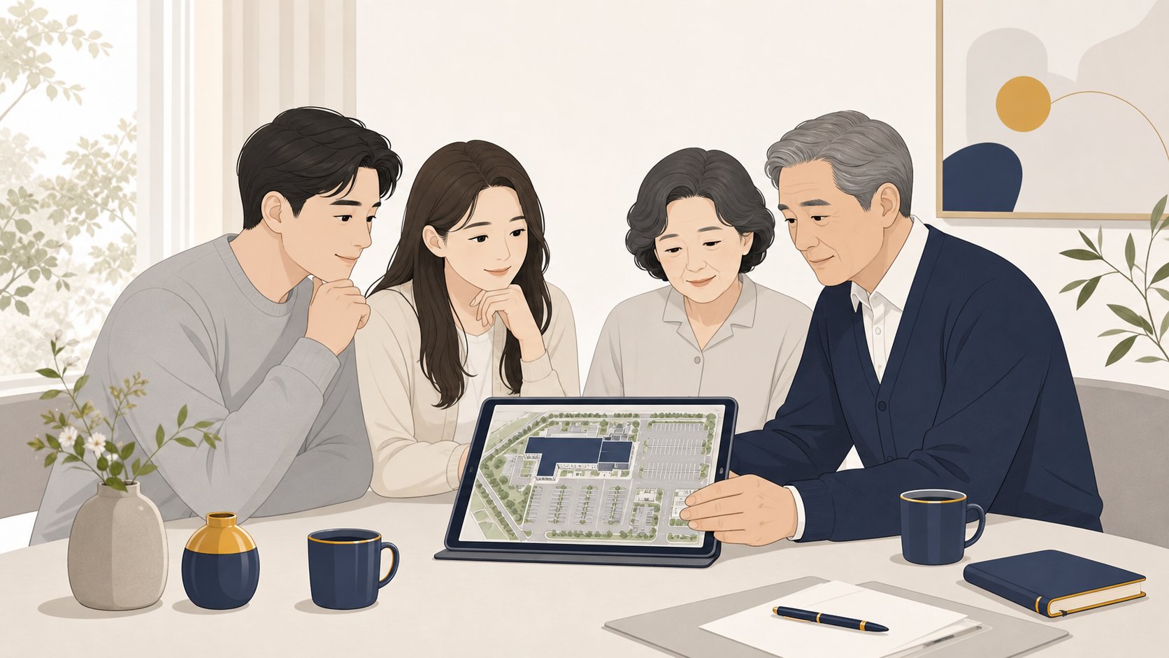 넉넉한 빈소와 주차 여건을 갖춘 장례식장을 태블릿으로 비교하는 일러스트