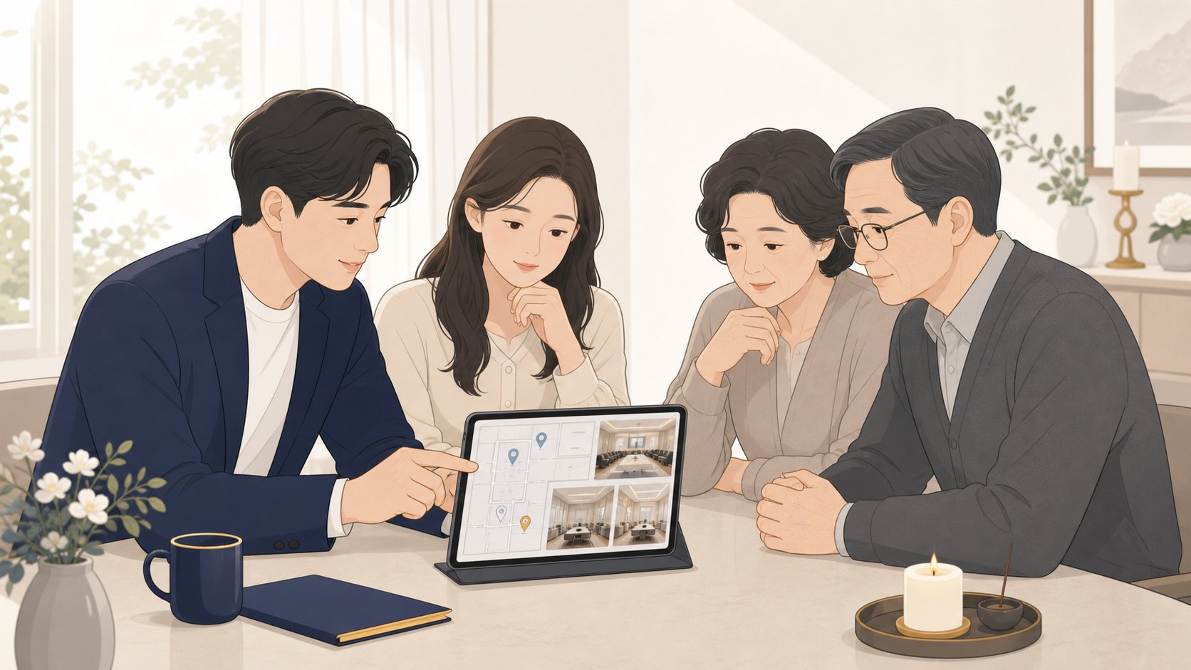 가족이 태블릿으로 장례식장 임종실과 안치 시설을 비교하는 일러스트