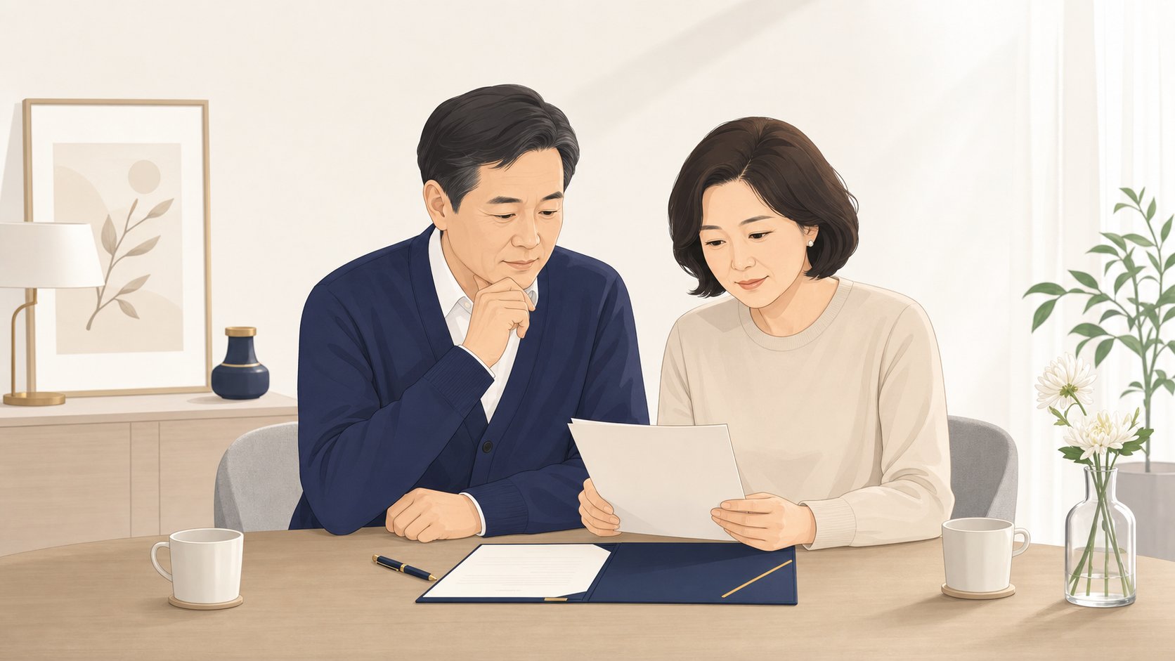 부부가 상조 계약서를 차분히 살펴보는 일러스트