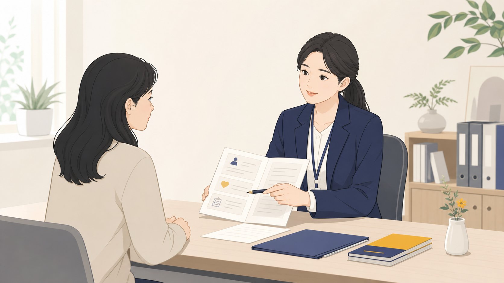 지자체 담당자가 장례 지원 서류를 차분히 안내하는 일러스트