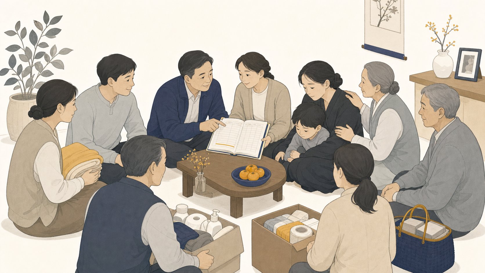 마을 사람들이 상조계 모임에서 회비와 일손을 나누는 일러스트