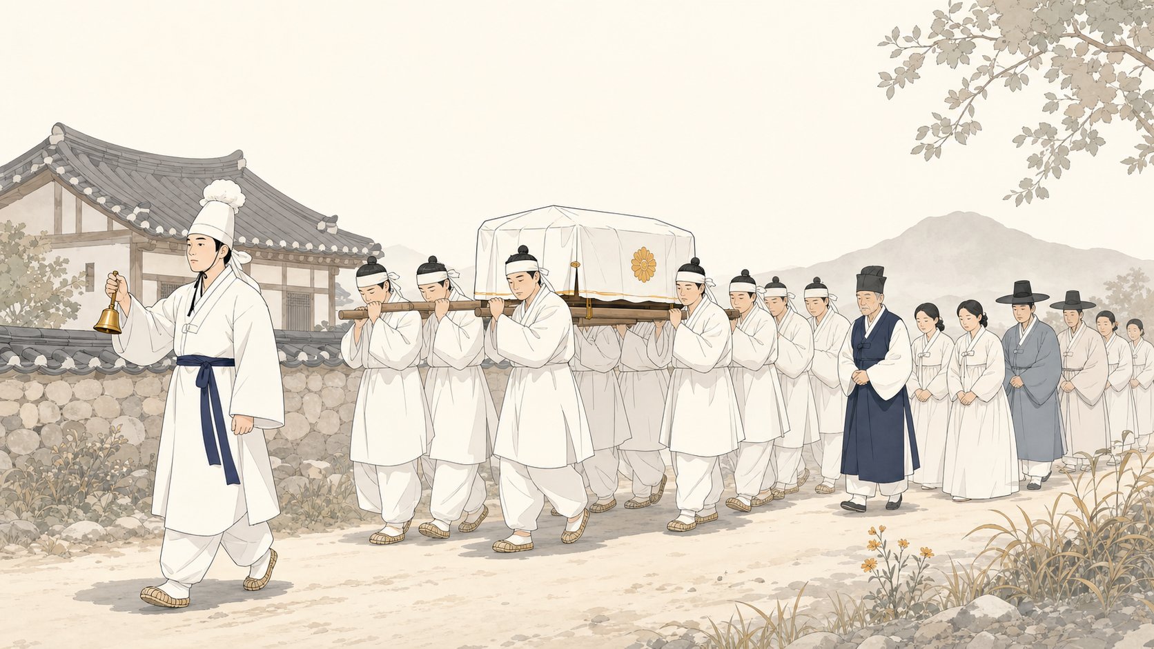 선소리꾼이 이끄는 전통 발인 행렬을 마을이 함께 배웅하는 일러스트