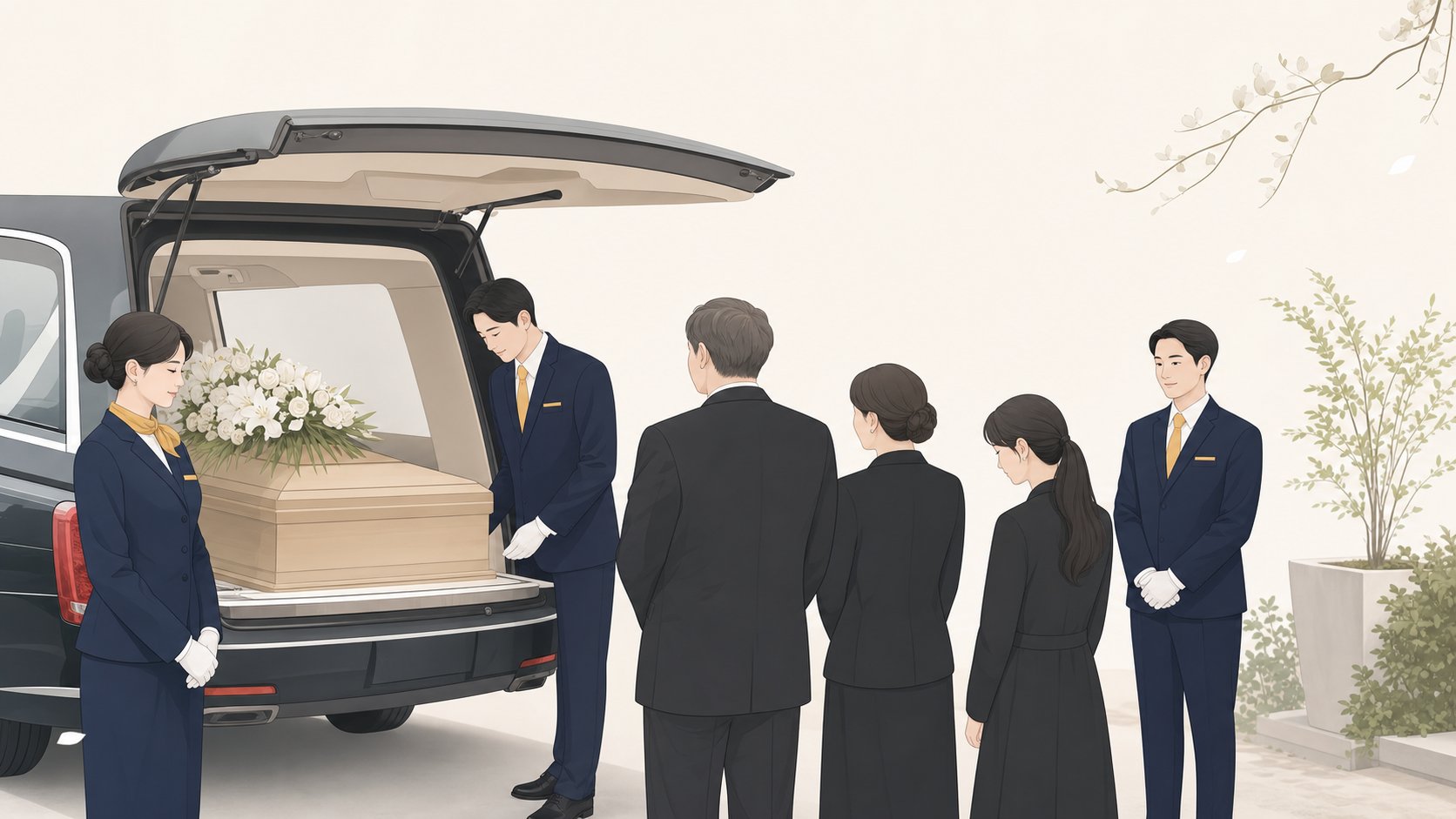 오늘날 상조 의전 인력이 영구차에서 발인을 돕는 일러스트