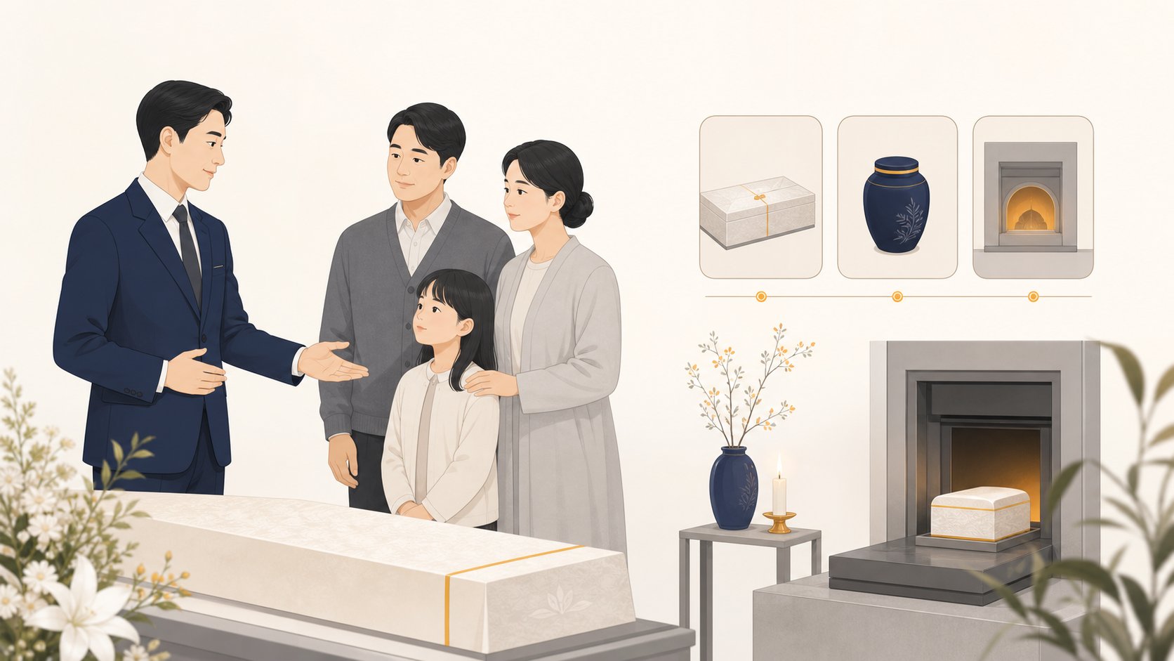 장례지도사가 빈소 없이 입관과 화장 중심 절차를 안내하는 일러스트