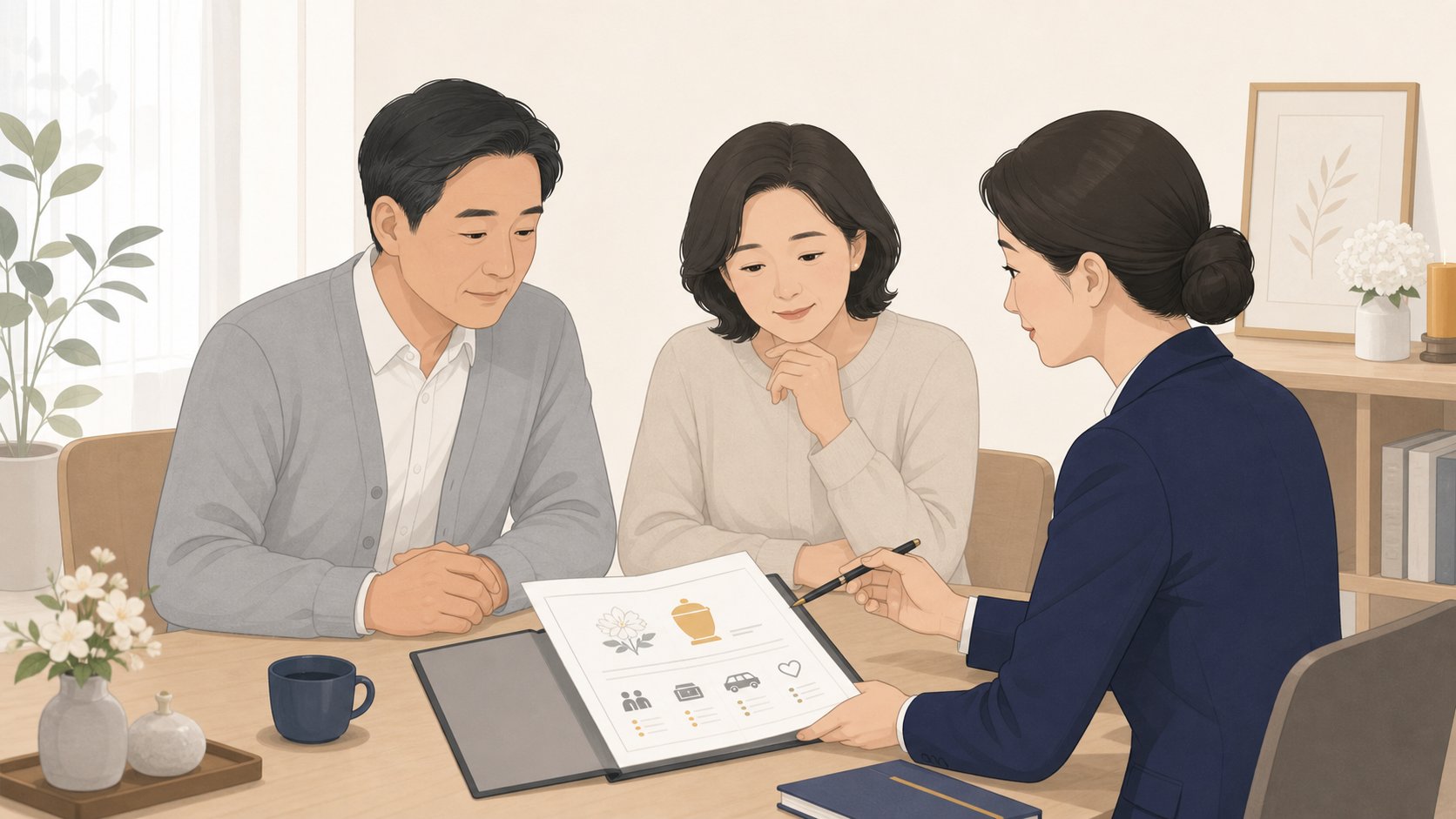 부부가 상담사와 간소한 장례 계획을 살펴보는 일러스트