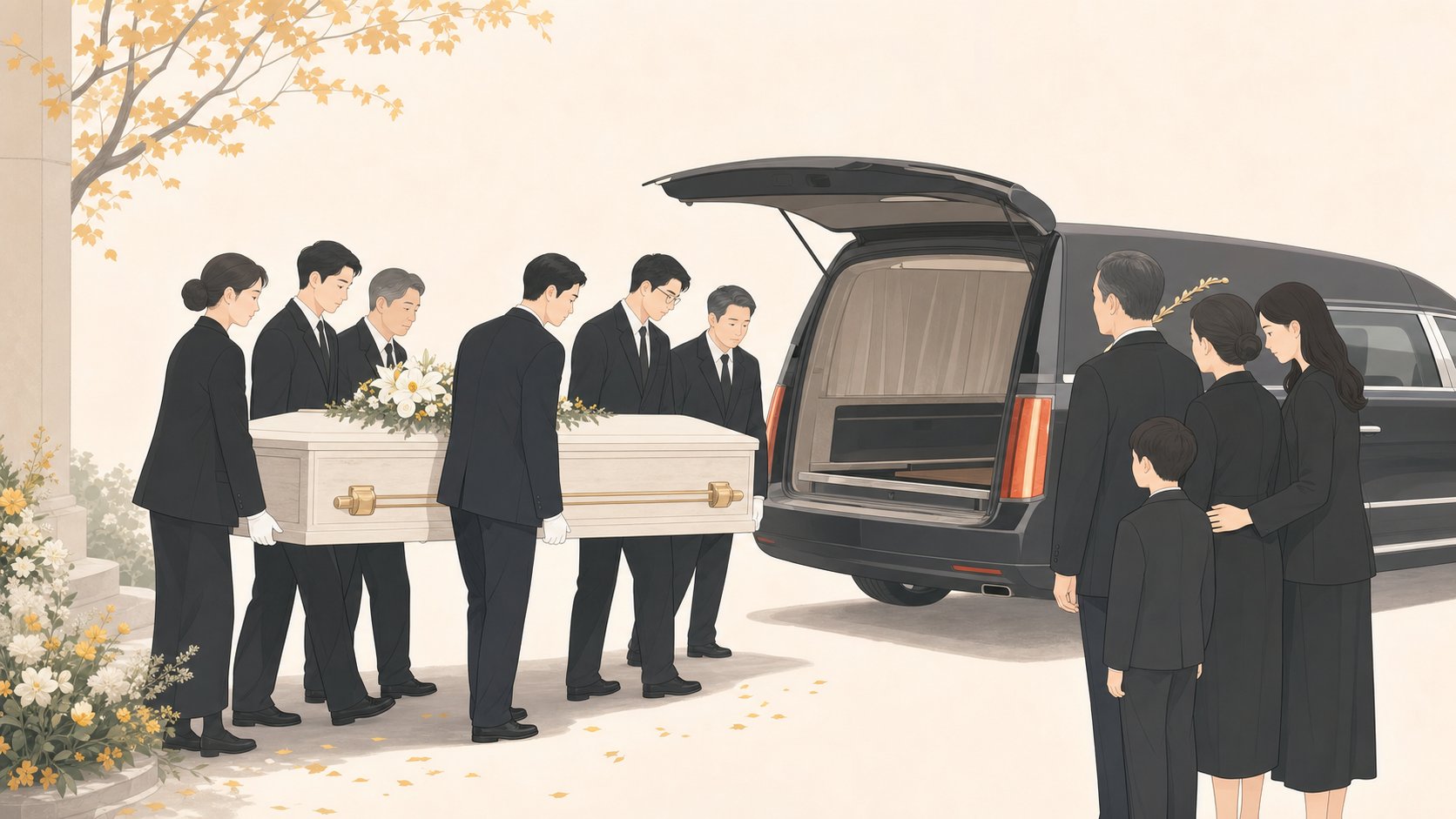 발인 당일 가족과 운구진이 관을 영구차로 모시는 일러스트