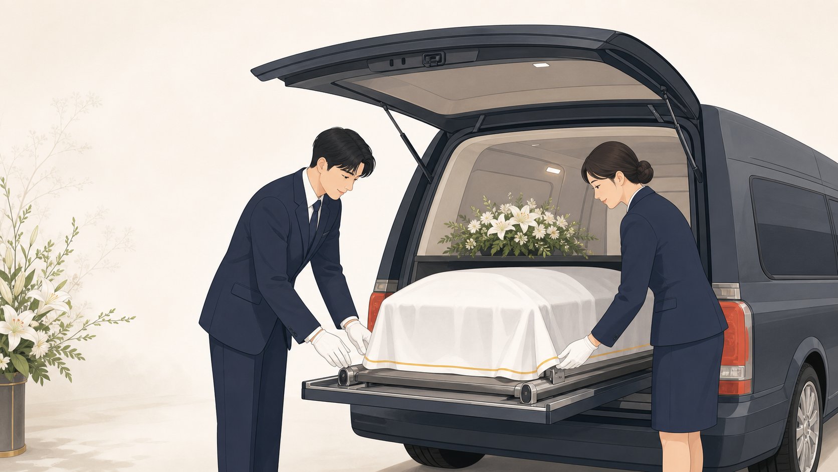 장례지도사가 고인을 장례식장으로 모시기 위해 이송 차량을 준비하는 일러스트