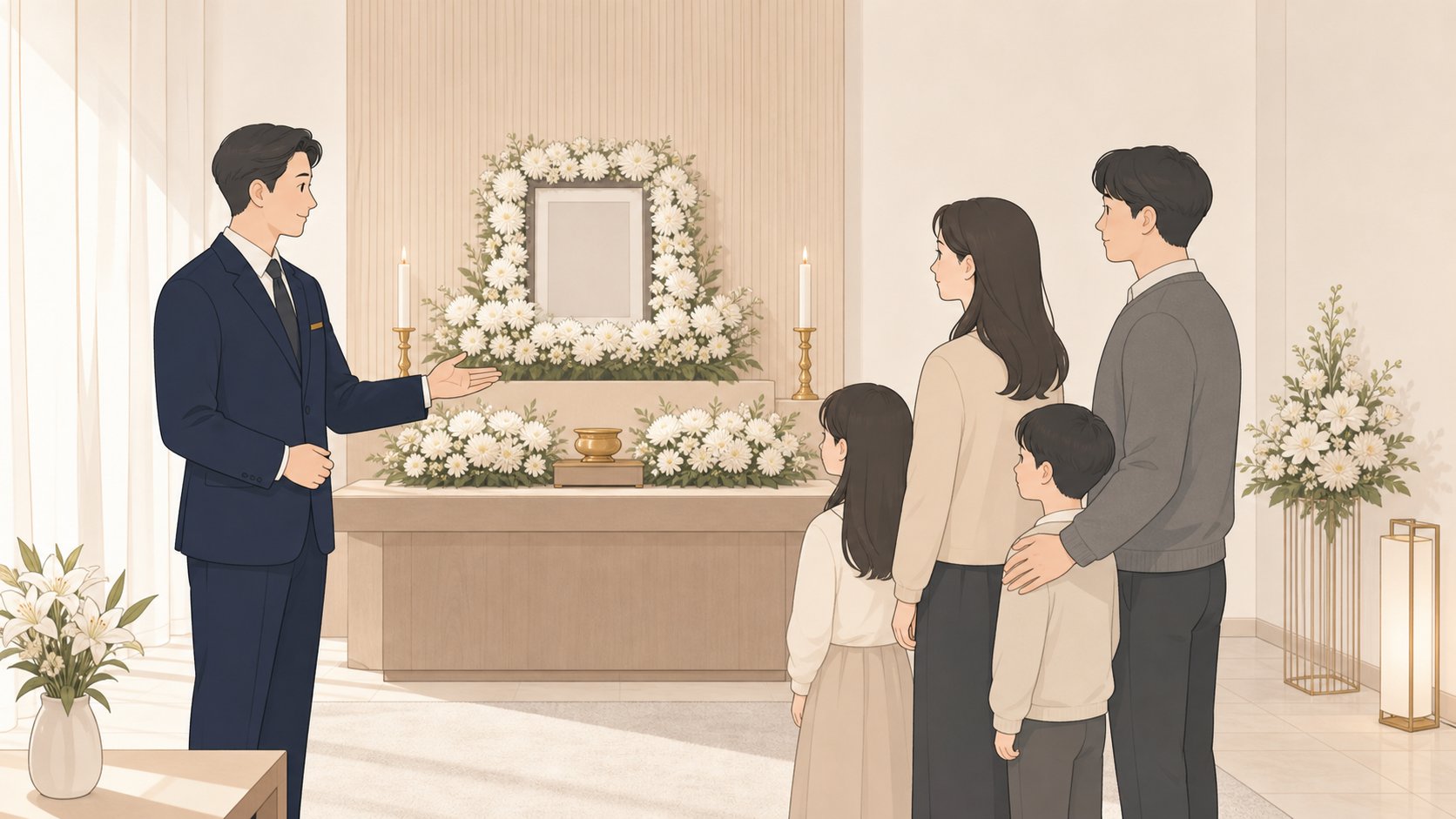 장례지도사가 가족과 함께 빈소를 차리고 제단을 준비하는 일러스트