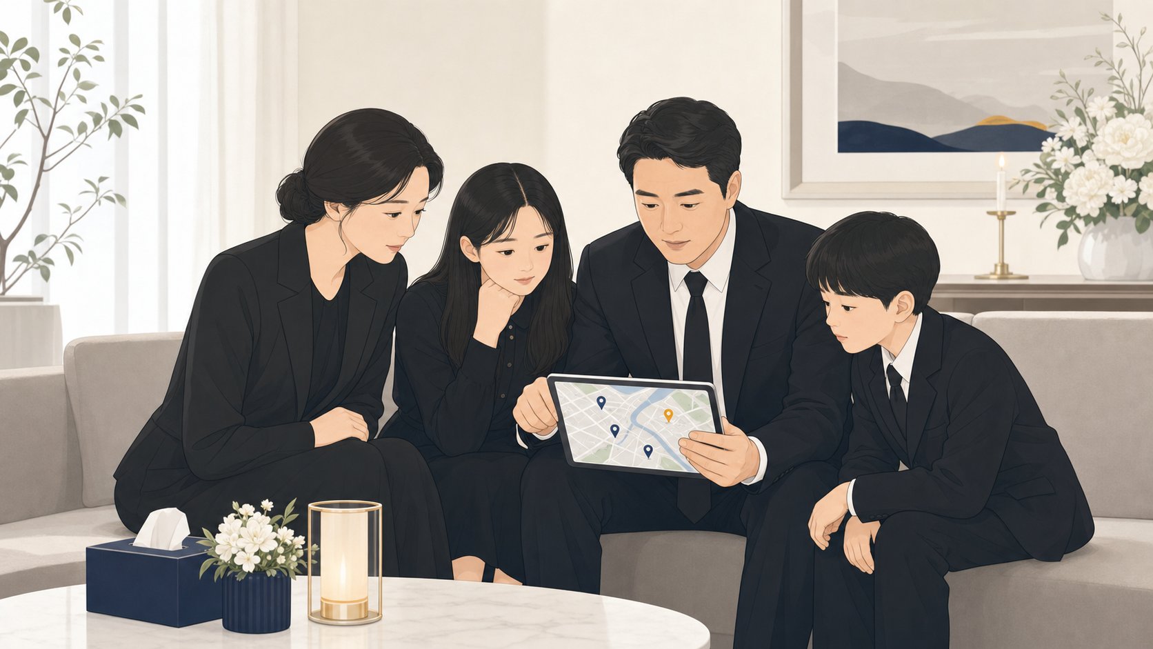 가족이 태블릿으로 가까운 장례식장 위치를 확인하는 일러스트