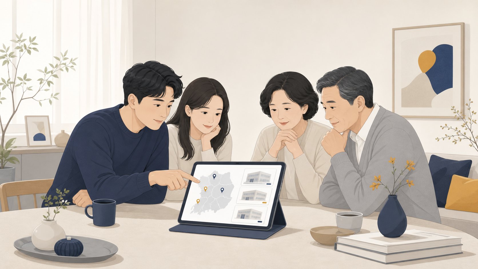 가족이 태블릿으로 충청도 작은 빈소 후보를 비교하는 일러스트