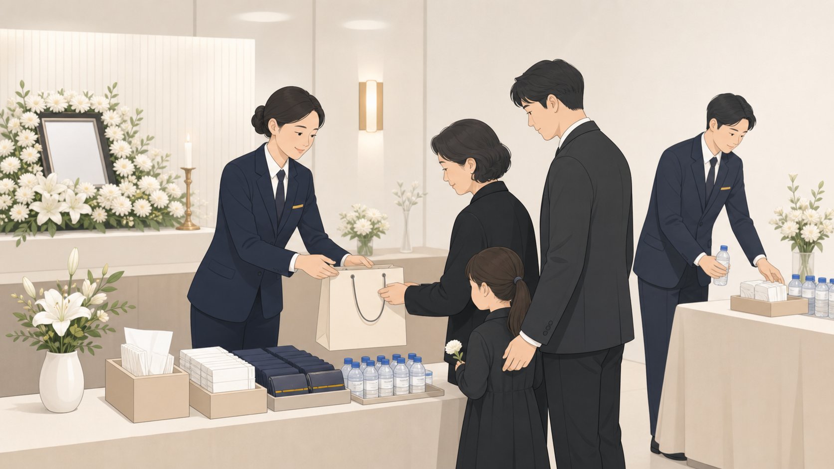 상조 인력이 빈소에서 용품과 접객을 챙기며 가족을 돕는 일러스트