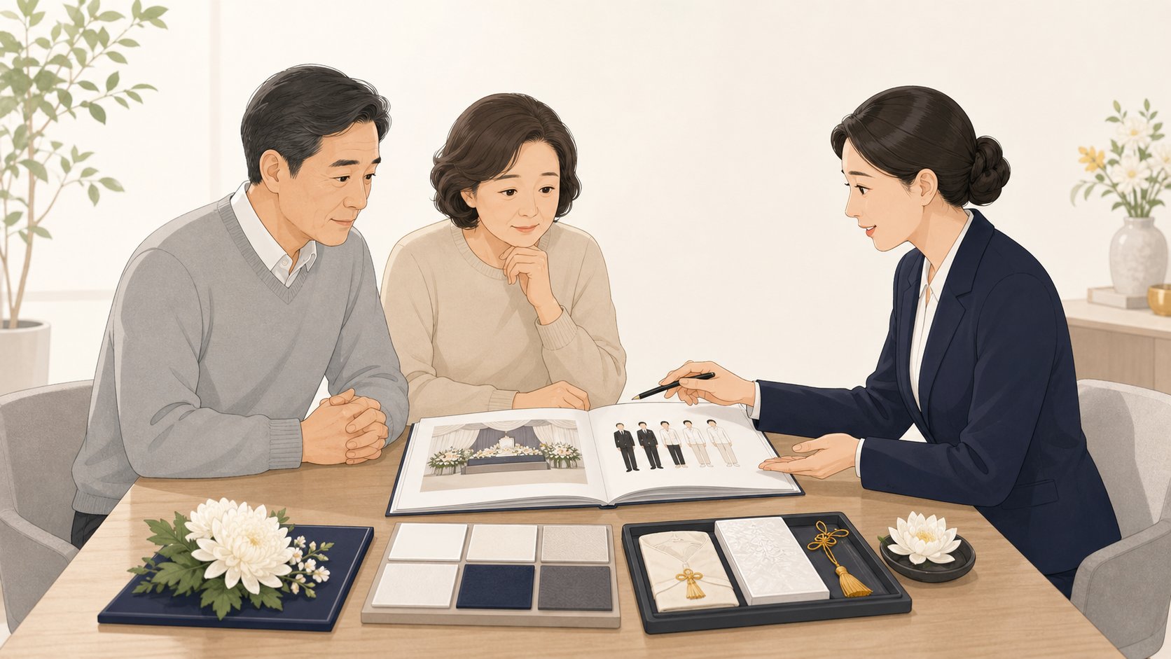 부부가 상담사와 상조 인력과 물품 구성을 살펴보는 일러스트