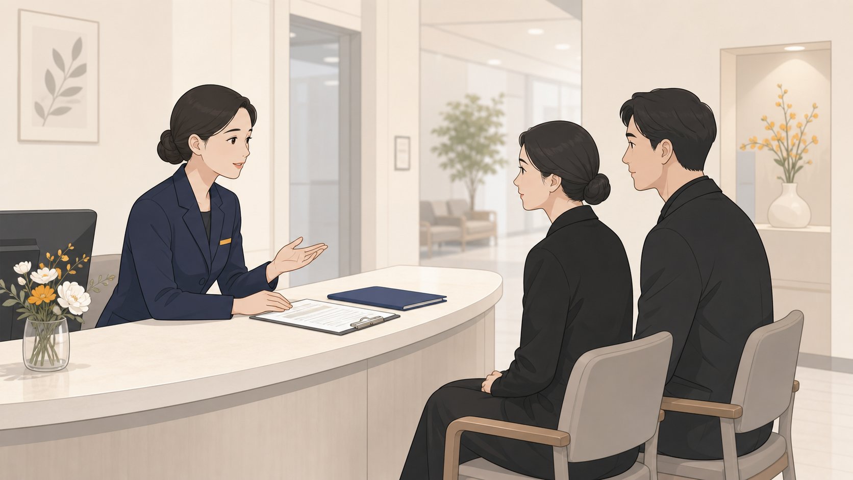 처음 상주가 임종 직후 초기 절차 안내를 받는 일러스트