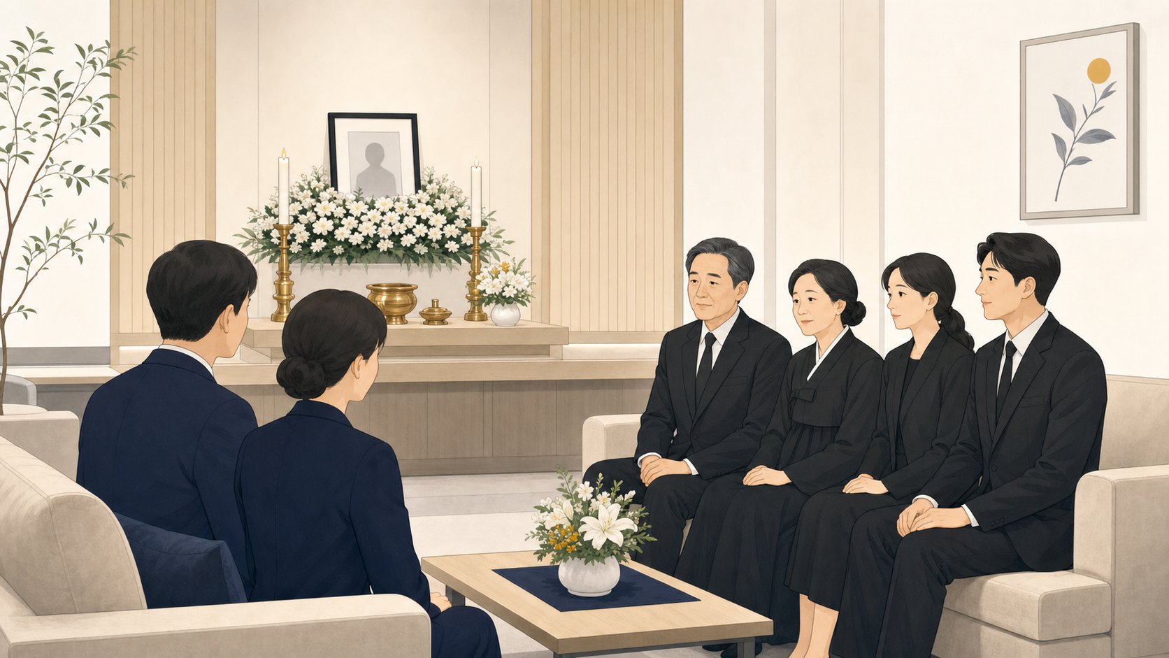 가족이 빈소에서 조문을 받으며 차분히 자리를 지키는 일러스트