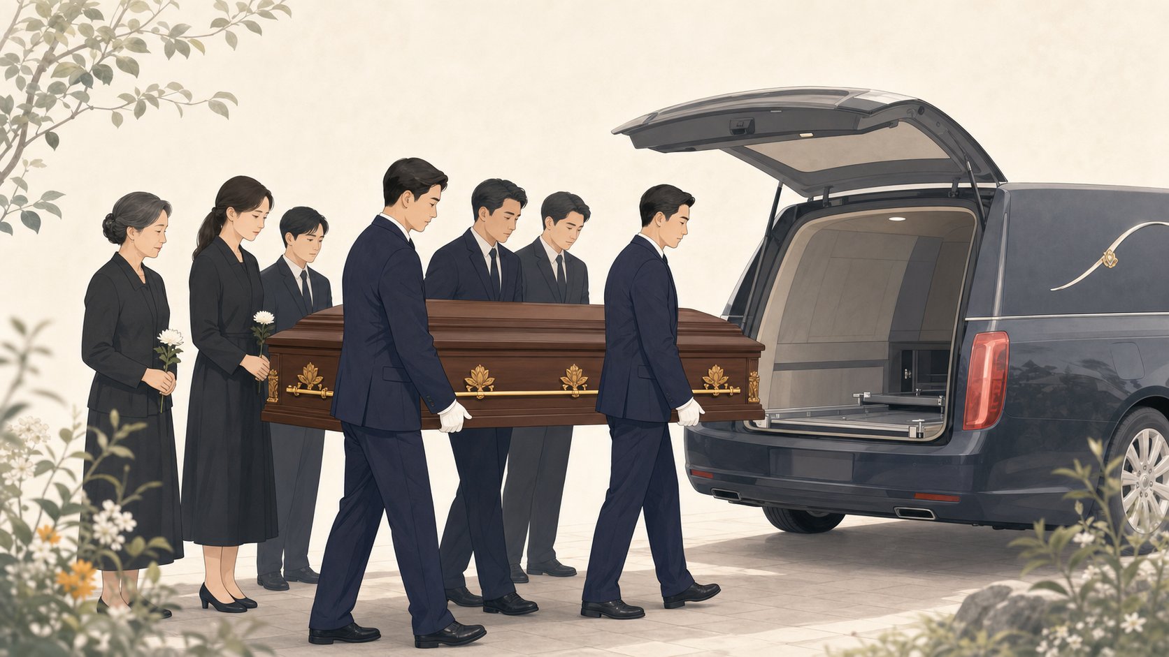 의전 인력과 가족이 적은 인원으로 관을 영구차로 모시는 일러스트