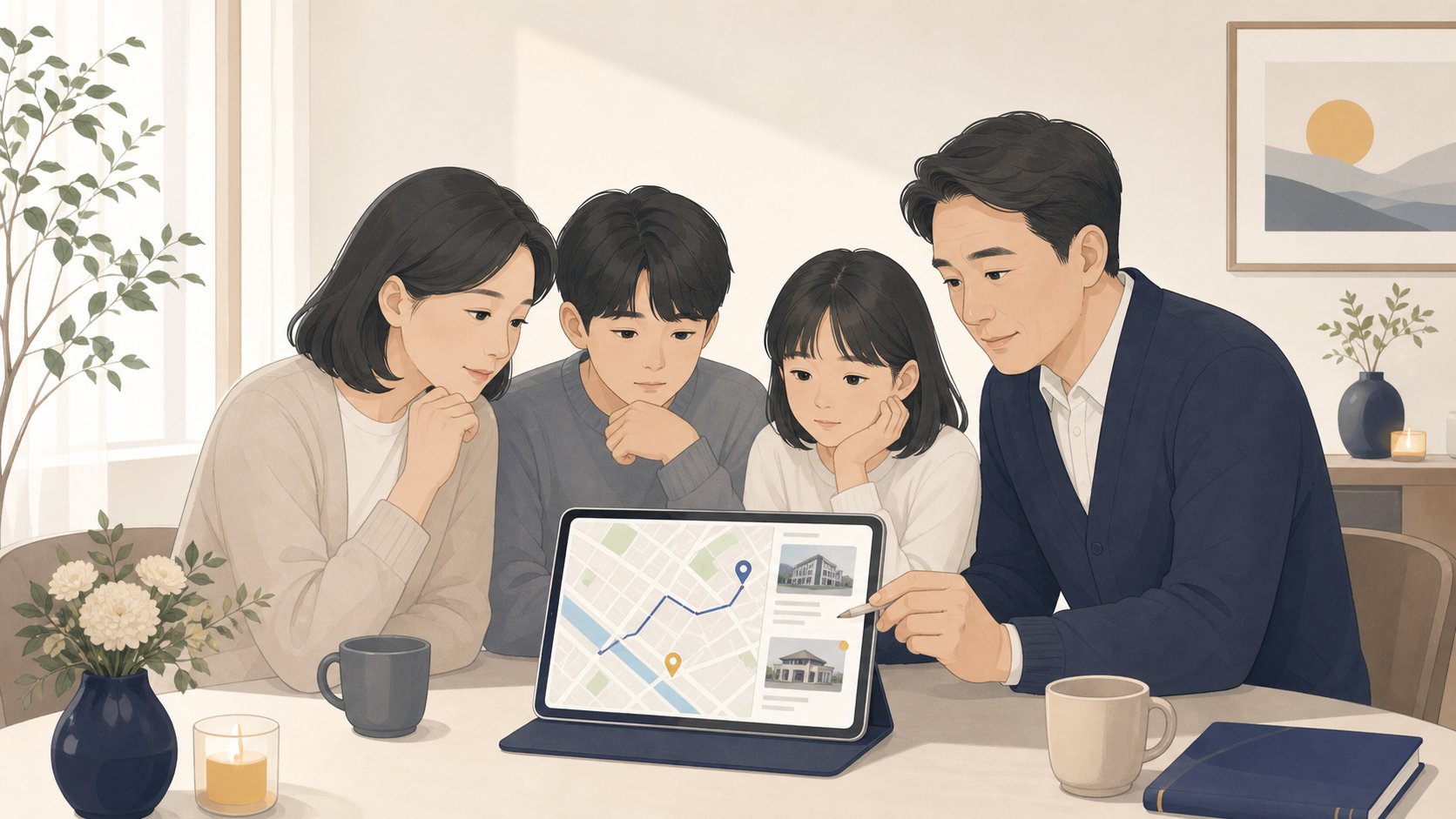 가족이 태블릿으로 충청도 화장장 경로와 장례식장 정보를 확인하는 일러스트